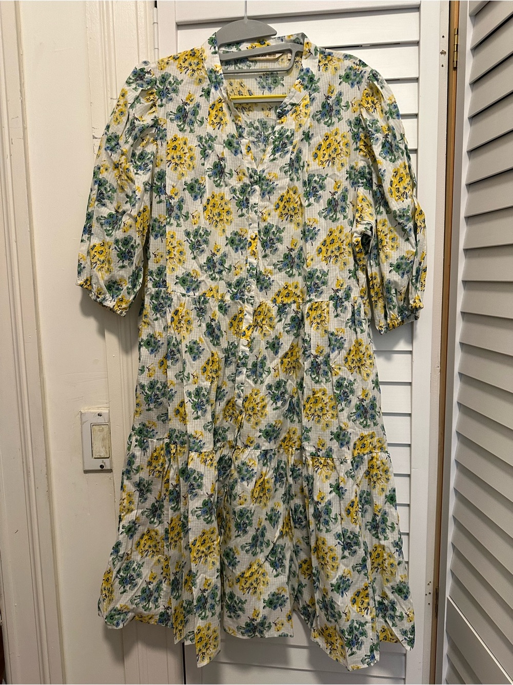 Uniqlo Yellow and Green Floral Button-Front Tiered Dress